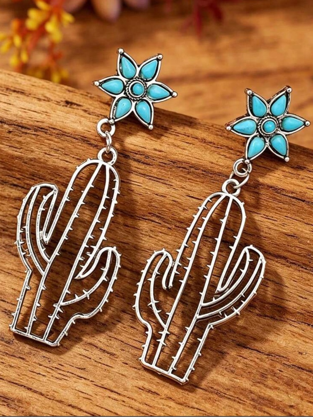 Vintage western style Hollow Cactus & faux Turquoise Alloy Earrings